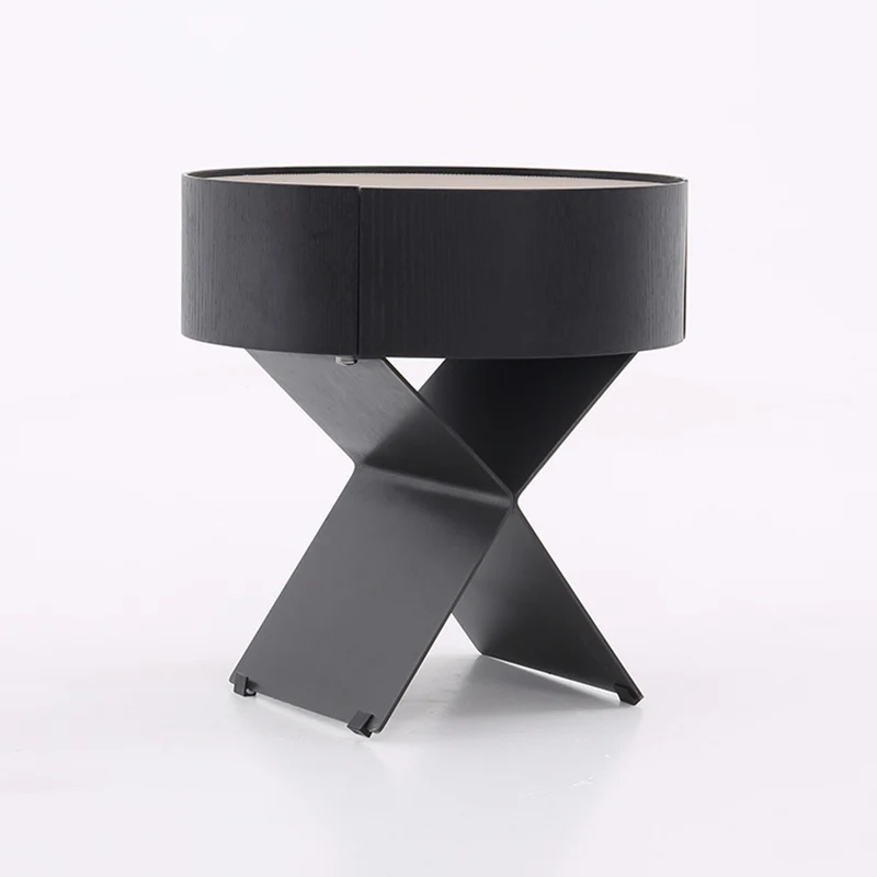 Contemporary Industrial Round Nightstand - Saddle-Style Faux Leather Finish Bedside Table 1-Drawer For Bedroom