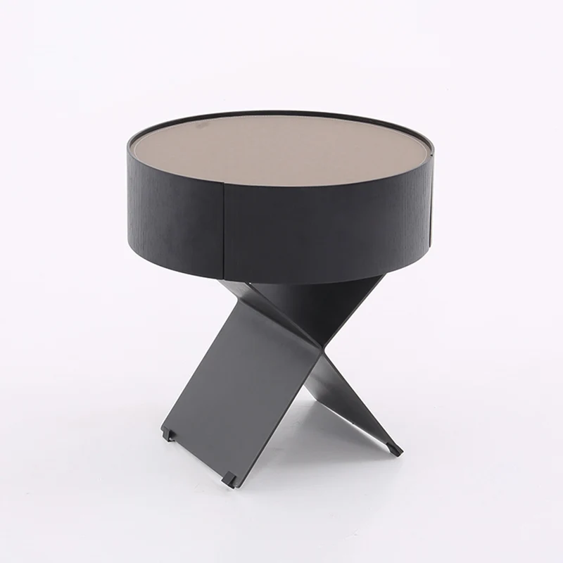 Contemporary Industrial Round Nightstand - Saddle-Style Faux Leather Finish Bedside Table 1-Drawer For Bedroom