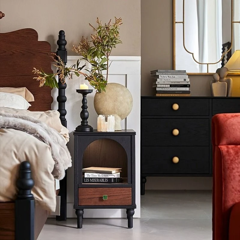 Traditional French Rectangular Arch-Top North American Red Oak Multi-Layer Plywood Nightstand 1-Drawer For Bedroom