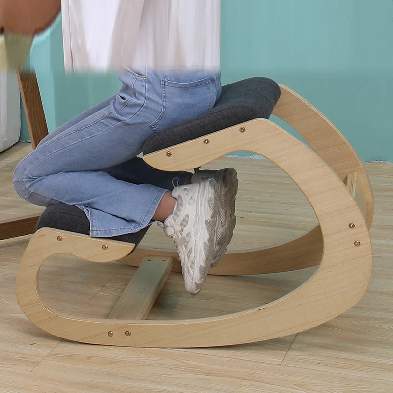 Modern Minimalist Curved Kids Solid Wood Cotton-Linen Correction Chair Desk Chair Armless Backless For Home Office
