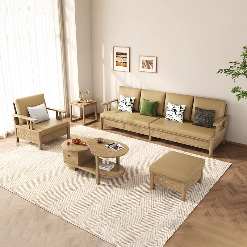 Traditional Eco Leather Cushions Sofa - Ash Wood Accent Chair With Backrest For Living Room