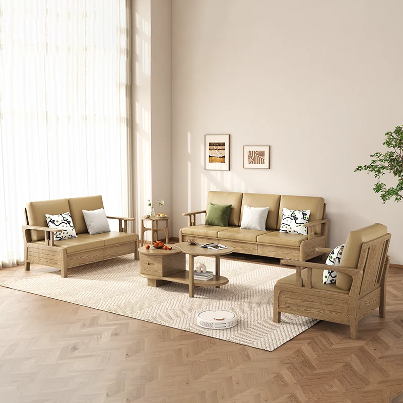 Traditional Eco Leather Cushions Sofa - Ash Wood Accent Chair With Backrest For Living Room