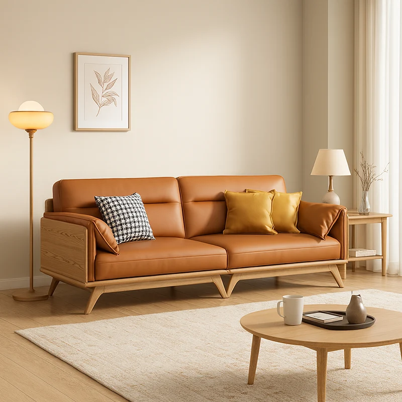 Contemporary Ash Wood Sofa With Eco Leather Upholstery - Rectangular 3/4 Seater Accent Chair For Living Room