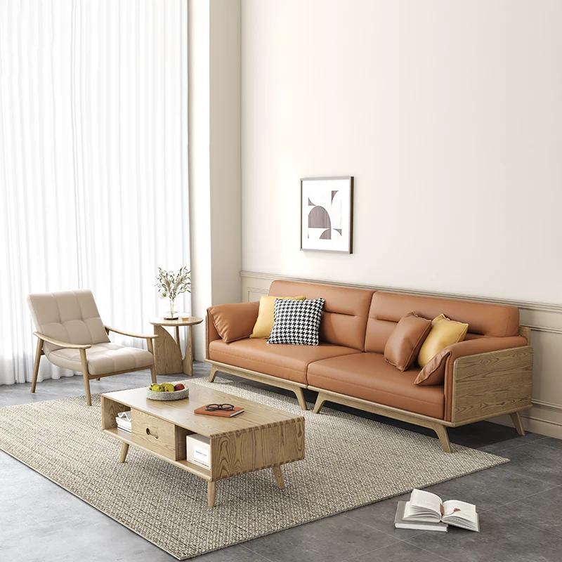Contemporary Ash Wood Sofa With Eco Leather Upholstery - Rectangular 3/4 Seater Accent Chair For Living Room