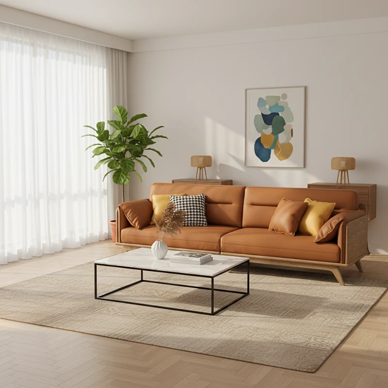 Contemporary Ash Wood Sofa With Eco Leather Upholstery - Rectangular 3/4 Seater Accent Chair For Living Room