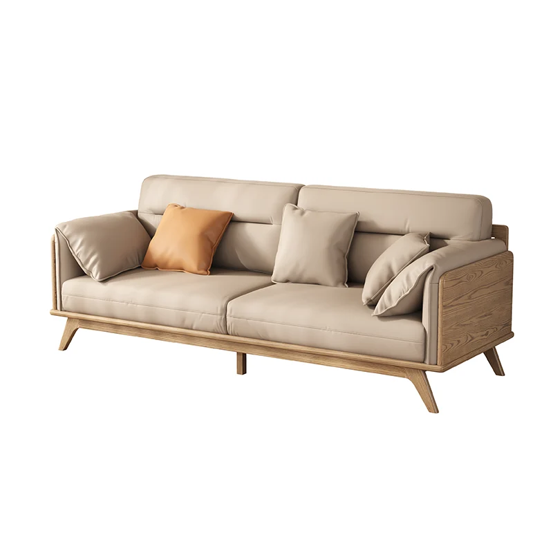 Contemporary Ash Wood Sofa With Eco Leather Upholstery - Rectangular 3/4 Seater Accent Chair For Living Room