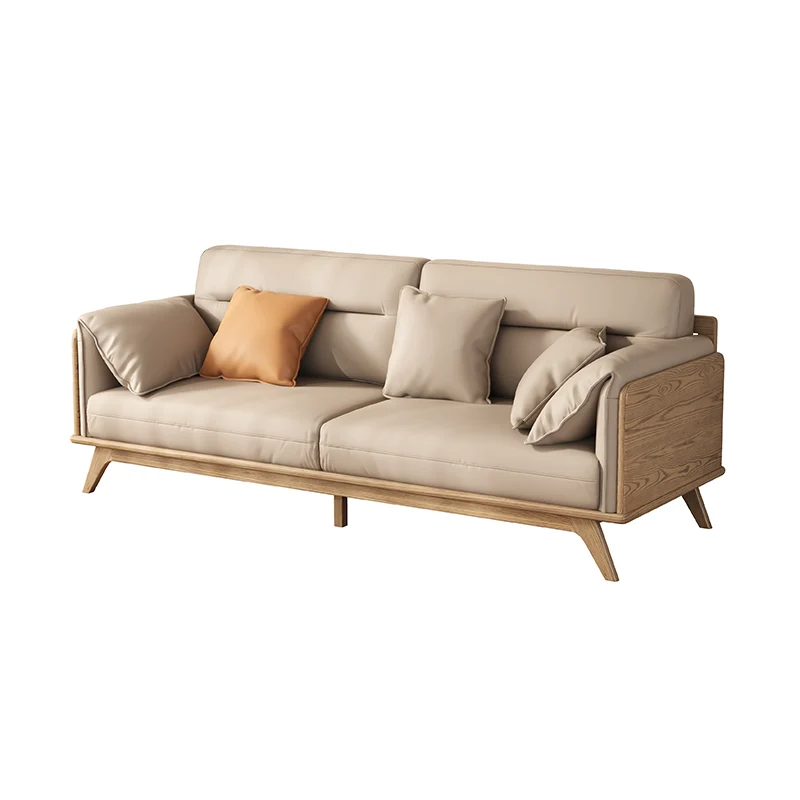 Contemporary Ash Wood Sofa With Eco Leather Upholstery - Rectangular 3/4 Seater Accent Chair For Living Room