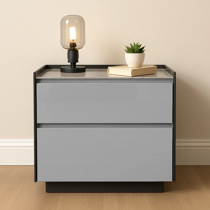 Modern Minimalist Plywood Nightstand With Sintered Stone Top - 2-Drawer Bedside Table For Bedroom