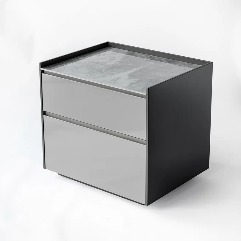 Modern Minimalist Plywood Nightstand With Sintered Stone Top - 2-Drawer Bedside Table For Bedroom