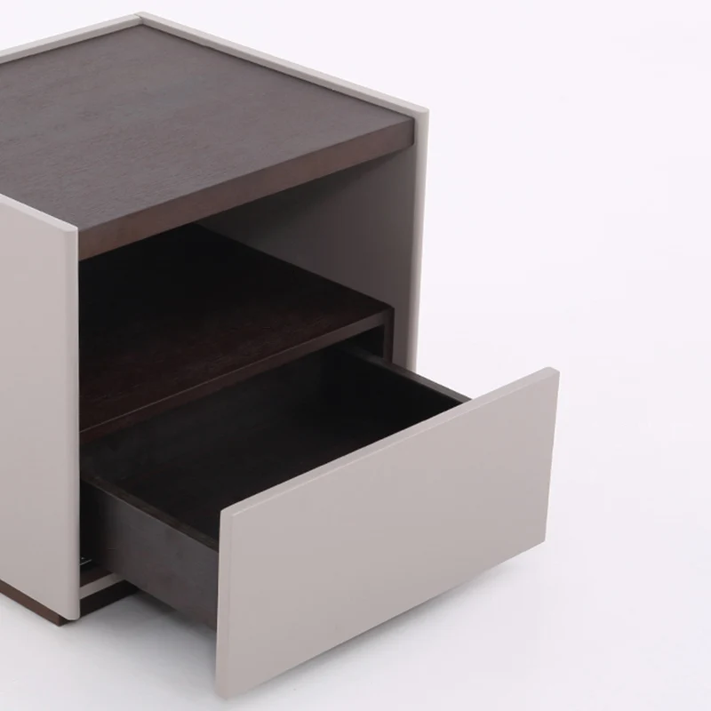 Contemporary Scandinavian Single Drawer Nightstand: Off-White Lacquered Minimalist Design - Veneered Storage Bedside Table For Bedroom