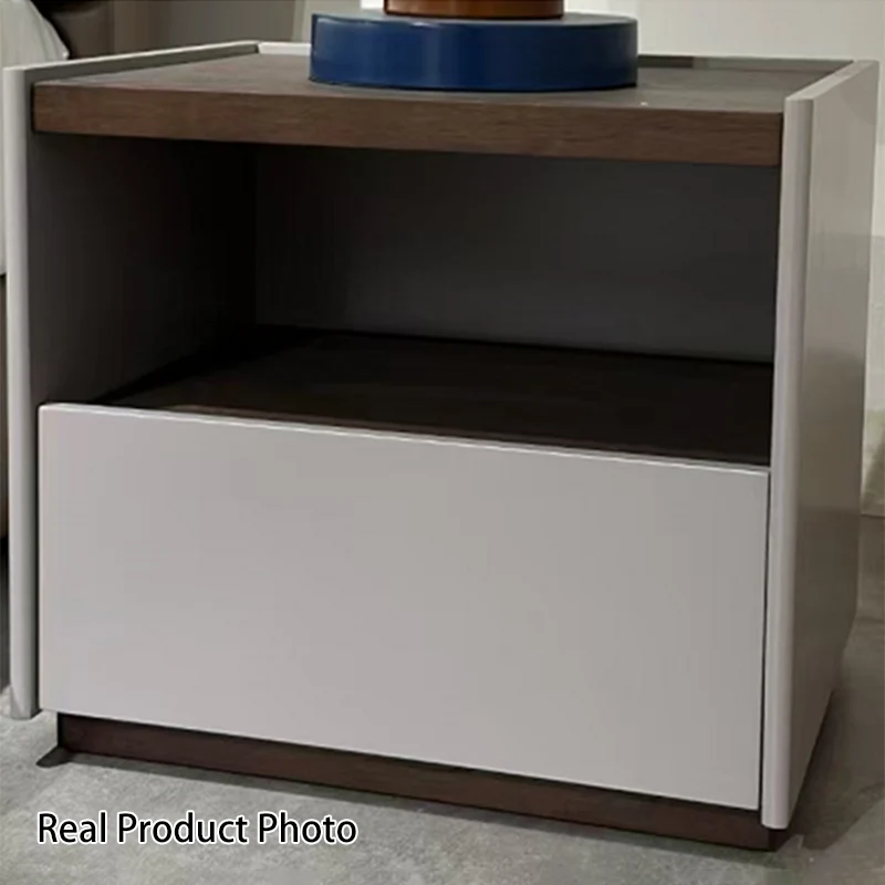 Contemporary Scandinavian Single Drawer Nightstand: Off-White Lacquered Minimalist Design - Veneered Storage Bedside Table For Bedroom