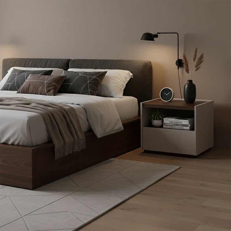 Contemporary Scandinavian Single Drawer Nightstand: Off-White Lacquered Minimalist Design - Veneered Storage Bedside Table For Bedroom
