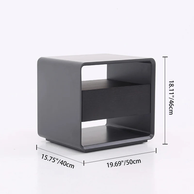 Modern Minimalist Black Lacquer Bedside Table: Wood Veneer Single Drawer - Elegant Open Cubby Storage Nightstand For Bedroom