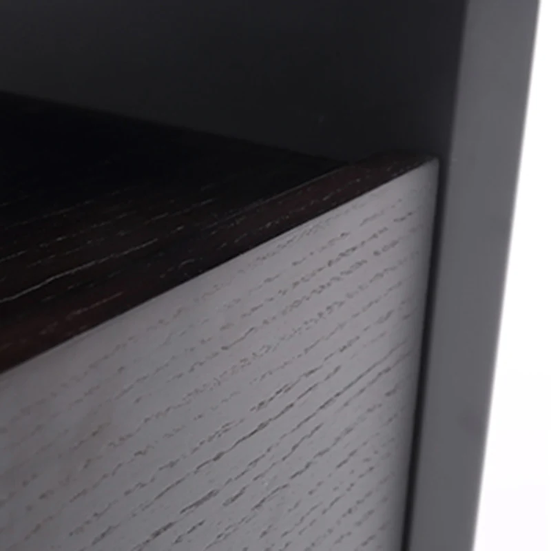 Modern Minimalist Black Lacquer Bedside Table: Wood Veneer Single Drawer - Elegant Open Cubby Storage Nightstand For Bedroom