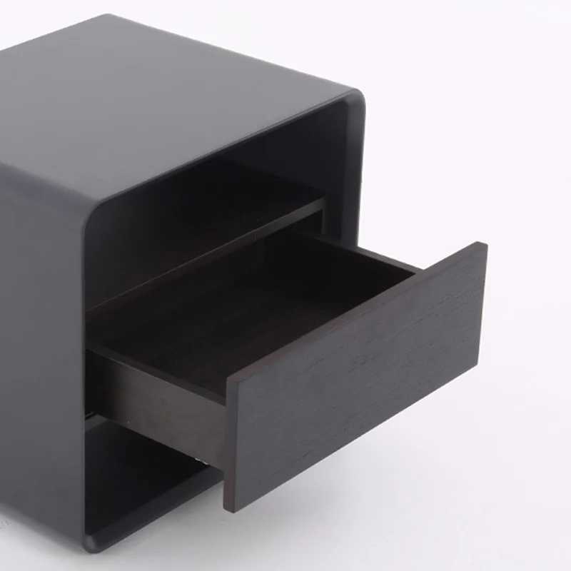 Modern Minimalist Black Lacquer Bedside Table: Wood Veneer Single Drawer - Elegant Open Cubby Storage Nightstand For Bedroom