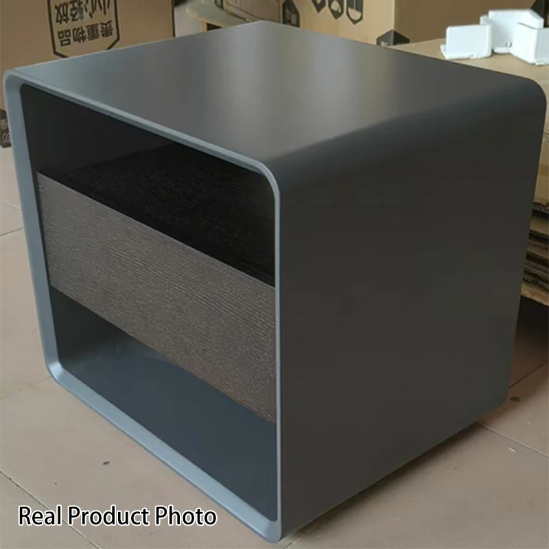Modern Minimalist Black Lacquer Bedside Table: Wood Veneer Single Drawer - Elegant Open Cubby Storage Nightstand For Bedroom