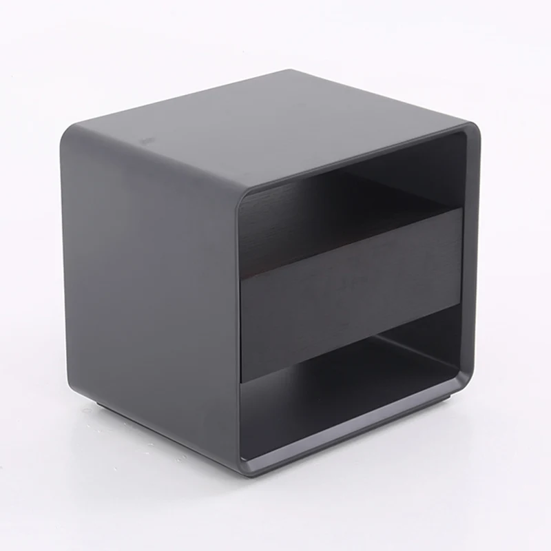 Modern Minimalist Black Lacquer Bedside Table: Wood Veneer Single Drawer - Elegant Open Cubby Storage Nightstand For Bedroom
