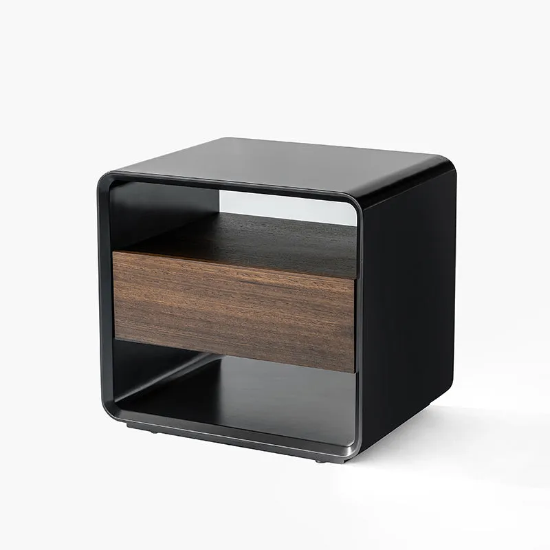 Modern Minimalist Black Lacquer Bedside Table: Wood Veneer Single Drawer - Elegant Open Cubby Storage Nightstand For Bedroom