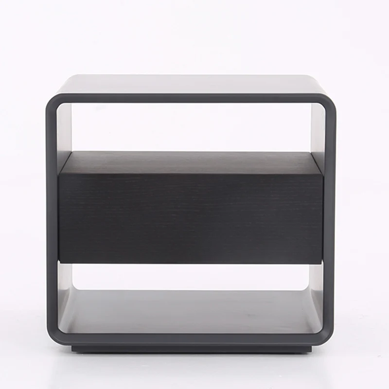 Modern Minimalist Black Lacquer Bedside Table: Wood Veneer Single Drawer - Elegant Open Cubby Storage Nightstand For Bedroom
