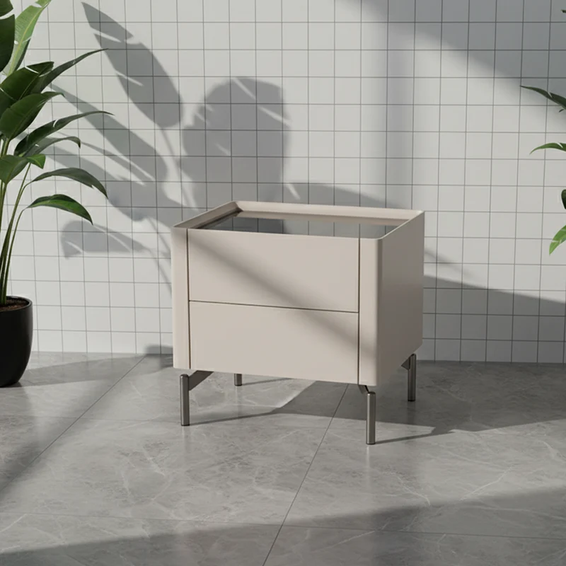 Modern Minimalist Beige Nightstand: Black Tempered Glass Top - Dual-Drawer Storage Bedside Table For Bedroom
