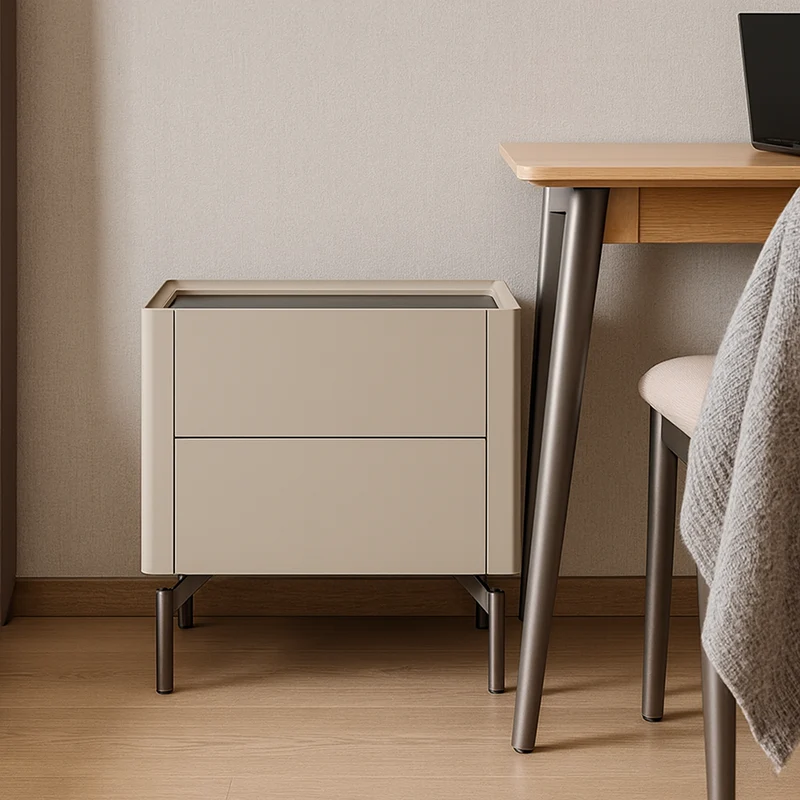 Modern Minimalist Beige Nightstand: Black Tempered Glass Top - Dual-Drawer Storage Bedside Table For Bedroom