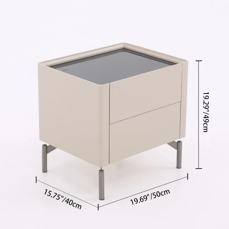 Modern Minimalist Beige Nightstand: Black Tempered Glass Top - Dual-Drawer Storage Bedside Table For Bedroom