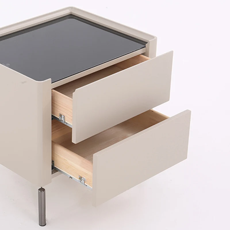 Modern Minimalist Beige Nightstand: Black Tempered Glass Top - Dual-Drawer Storage Bedside Table For Bedroom