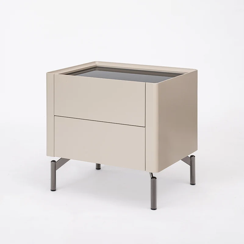 Modern Minimalist Beige Nightstand: Black Tempered Glass Top - Dual-Drawer Storage Bedside Table For Bedroom