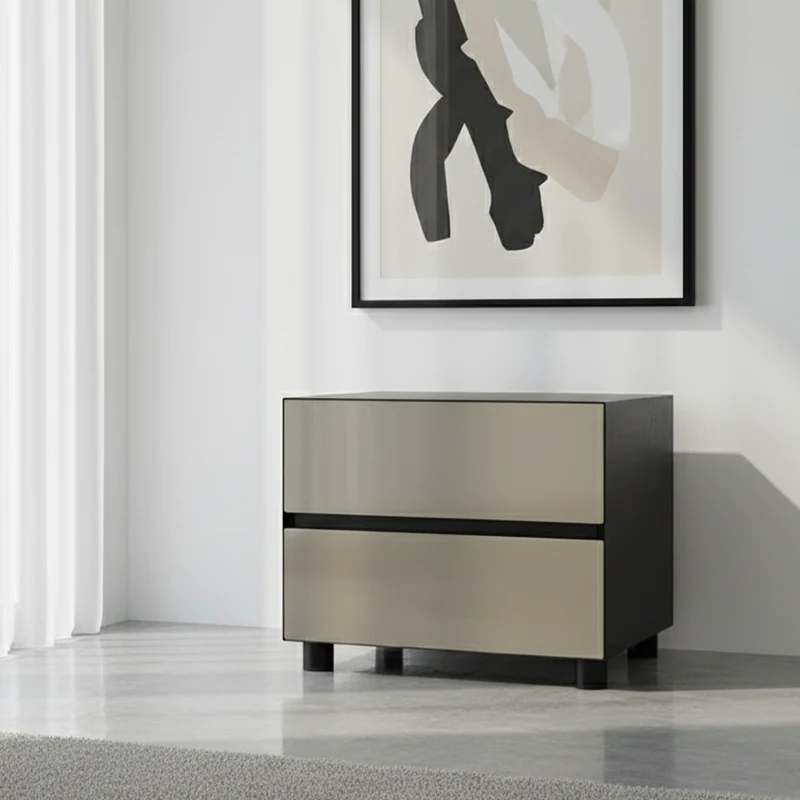 Modern Minimalist Dark-Tone Nightstand: Symmetrical Dual-Drawer - Lacquered Finish Bedside Accent Table For Bedroom