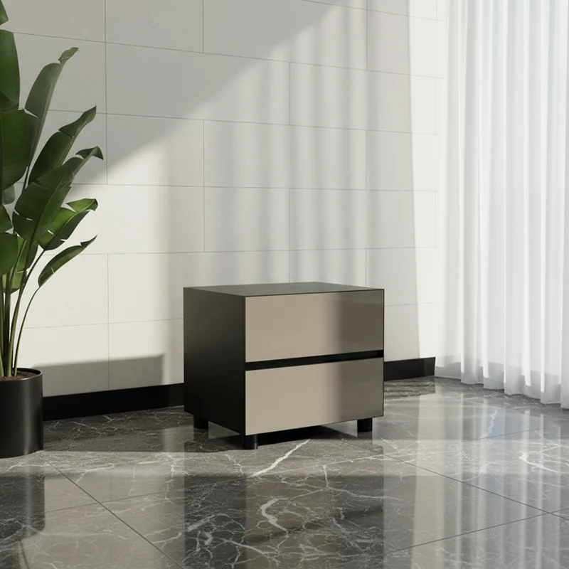 Modern Minimalist Dark-Tone Nightstand: Symmetrical Dual-Drawer - Lacquered Finish Bedside Accent Table For Bedroom