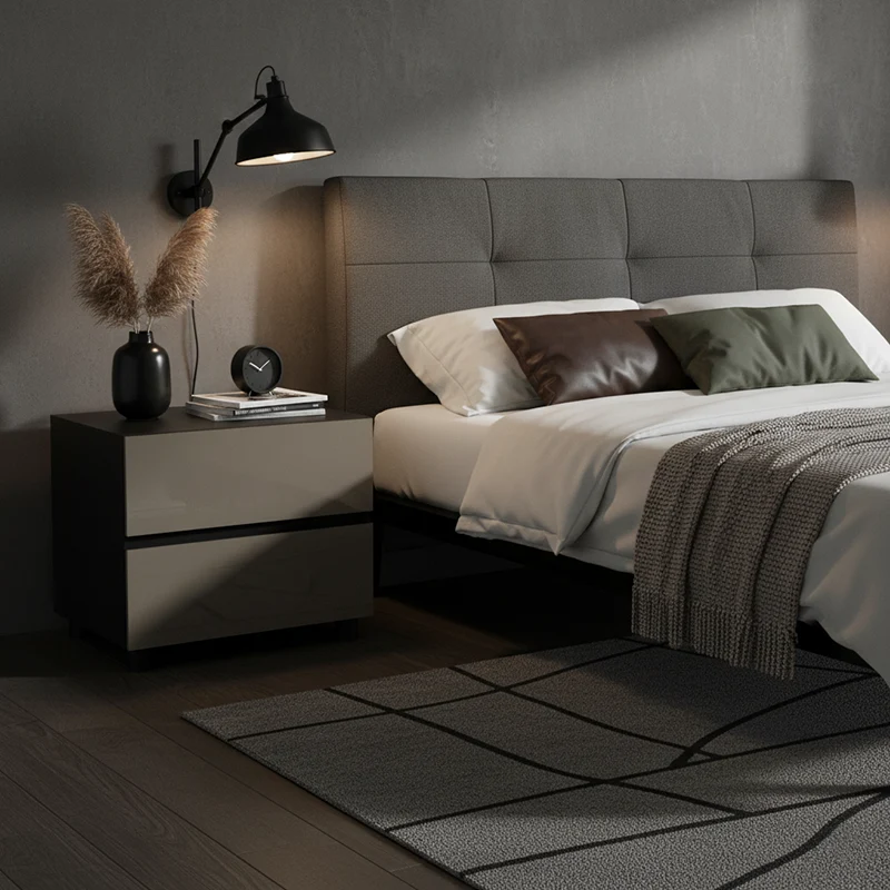 Modern Minimalist Dark-Tone Nightstand: Symmetrical Dual-Drawer - Lacquered Finish Bedside Accent Table For Bedroom