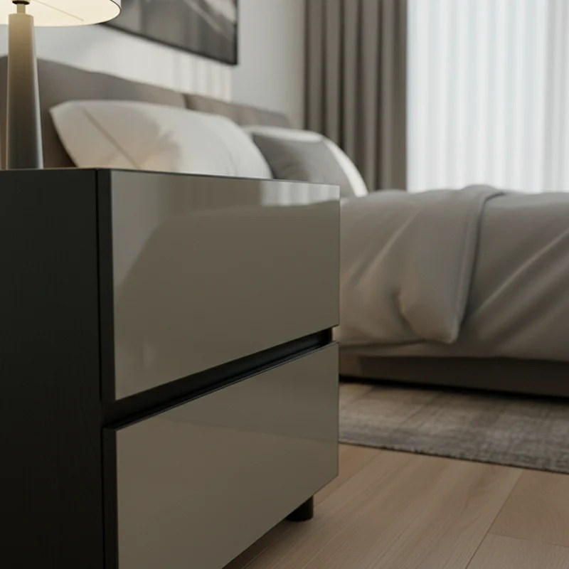 Modern Minimalist Dark-Tone Nightstand: Symmetrical Dual-Drawer - Lacquered Finish Bedside Accent Table For Bedroom