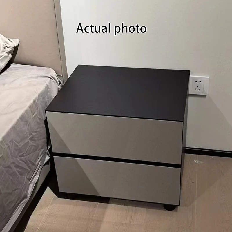 Modern Minimalist Dark-Tone Nightstand: Symmetrical Dual-Drawer - Lacquered Finish Bedside Accent Table For Bedroom