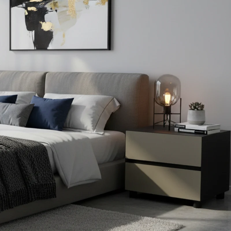 Modern Minimalist Dark-Tone Nightstand: Symmetrical Dual-Drawer - Lacquered Finish Bedside Accent Table For Bedroom