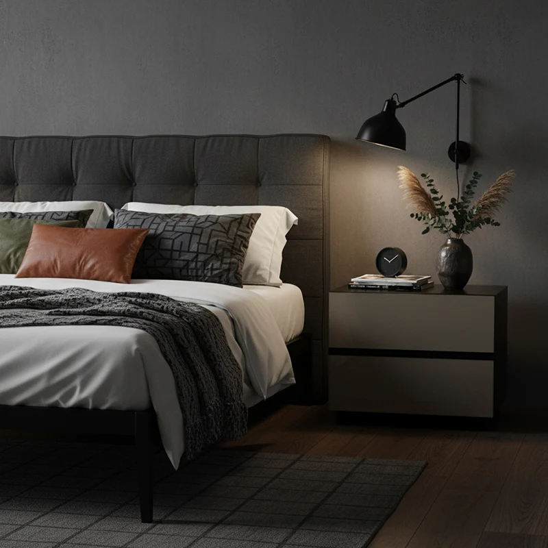 Modern Minimalist Dark-Tone Nightstand: Symmetrical Dual-Drawer - Lacquered Finish Bedside Accent Table For Bedroom