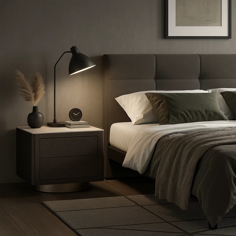 Traditional Vintage Square Nightstand: White Stone Slab-Top Dual-Drawer American-Style Veneered - Solid Wood Texture Bedside Table For Bedroom
