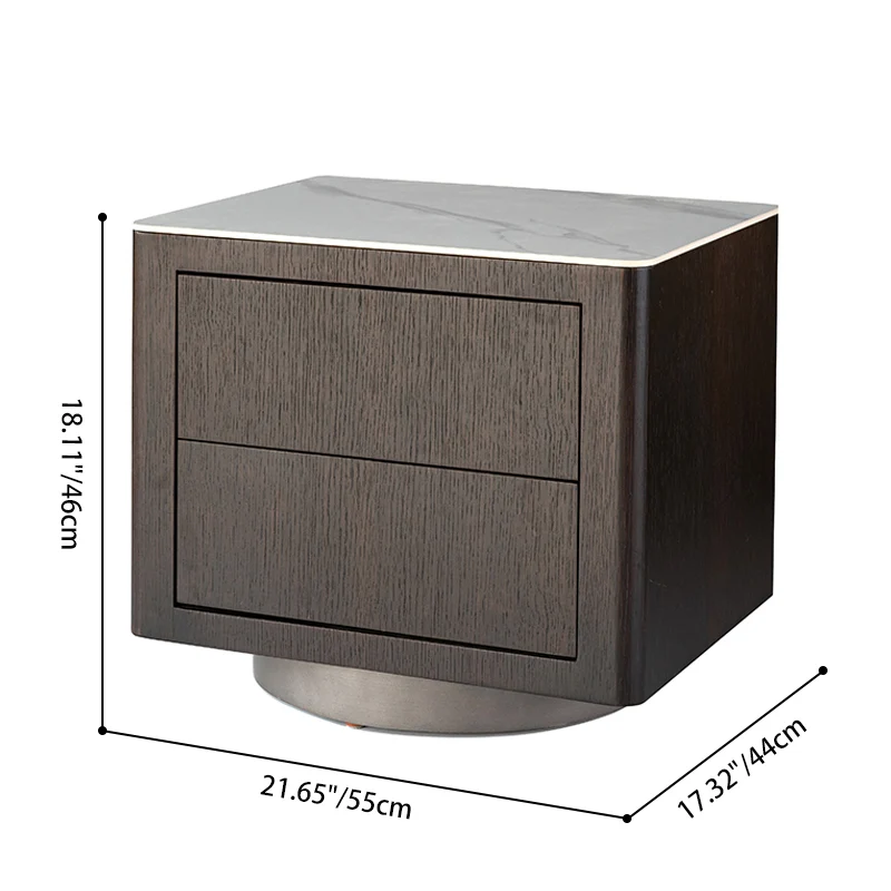 Traditional Vintage Square Nightstand: White Stone Slab-Top Dual-Drawer American-Style Veneered - Solid Wood Texture Bedside Table For Bedroom