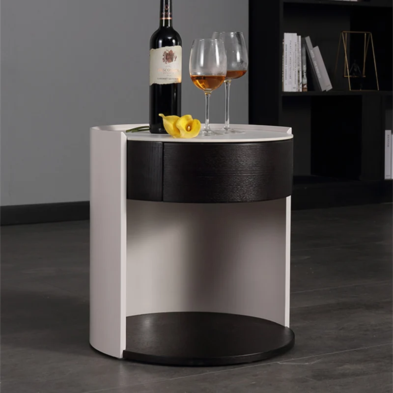 Modern Luxury Round Veneered - Solid Wood Texture Nightstand: Single Drawer Storage - Curved Aesthetic Bedside Table For Bedroom