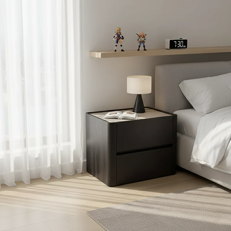 Modern Minimalist Black Dual-Drawer Nightstand: Sleek Rectangular Design - Efficient Storage Bedside Table For Bedroom