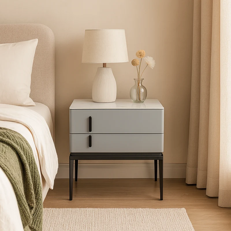 Modern Minimalist Gray Faux Leather 2-Drawer Storage Nightstand - Iron Leg Bedside Table For Bedroom