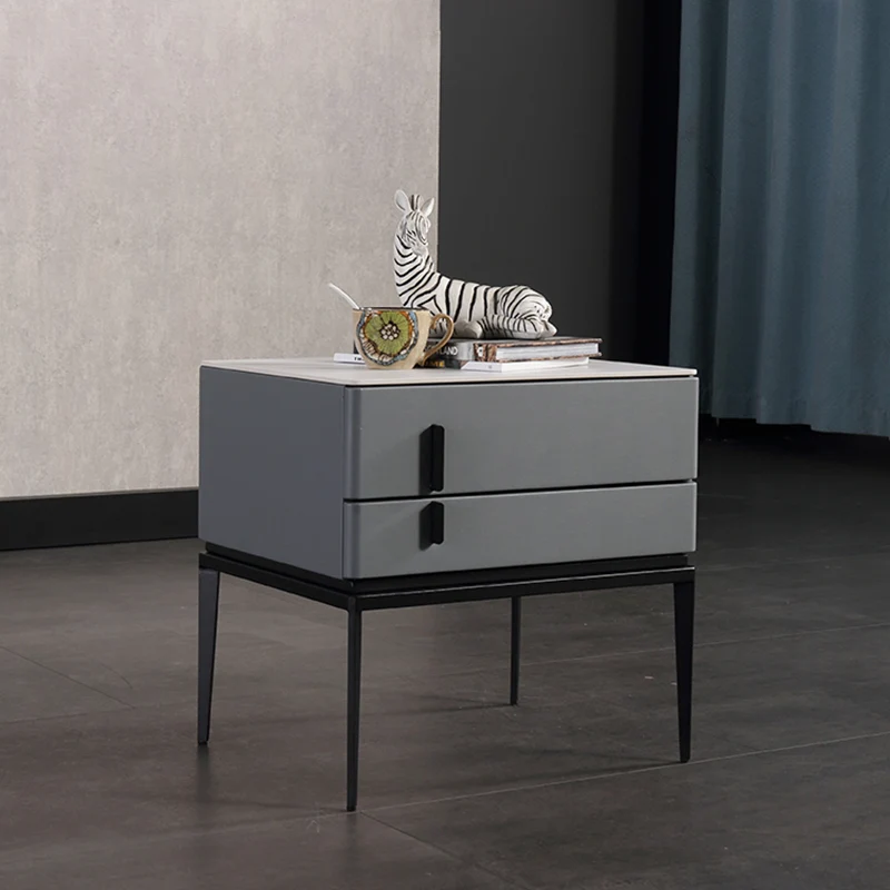 Modern Minimalist Gray Faux Leather 2-Drawer Storage Nightstand - Iron Leg Bedside Table For Bedroom