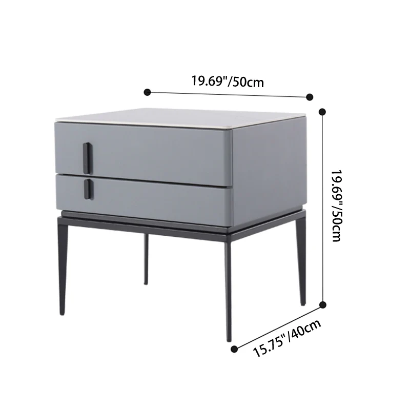 Modern Minimalist Gray Faux Leather 2-Drawer Storage Nightstand - Iron Leg Bedside Table For Bedroom