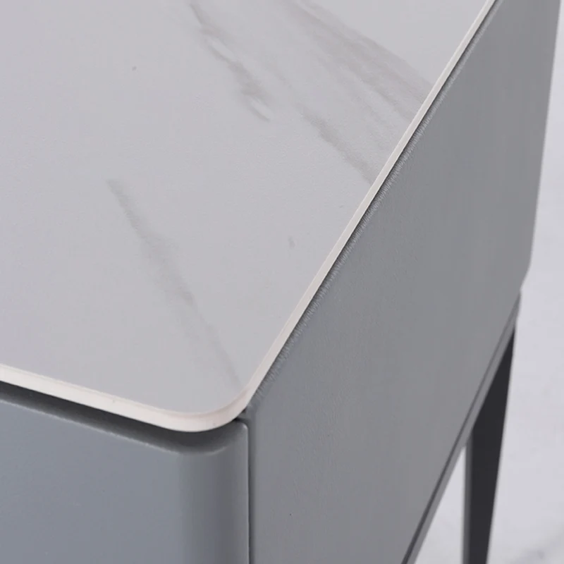 Modern Minimalist Gray Faux Leather 2-Drawer Storage Nightstand - Iron Leg Bedside Table For Bedroom