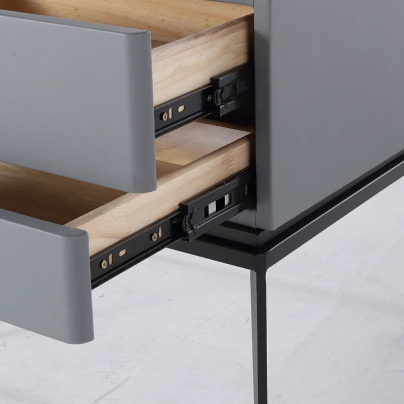 Modern Minimalist Gray Faux Leather 2-Drawer Storage Nightstand - Iron Leg Bedside Table For Bedroom