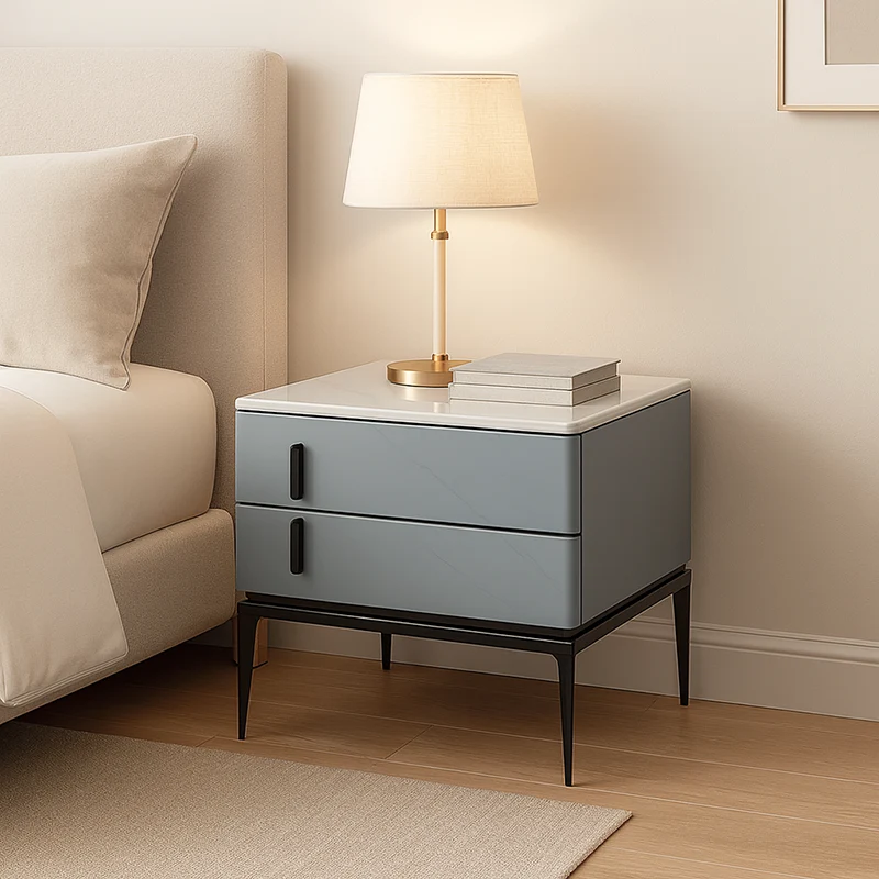 Modern Minimalist Gray Faux Leather 2-Drawer Storage Nightstand - Iron Leg Bedside Table For Bedroom