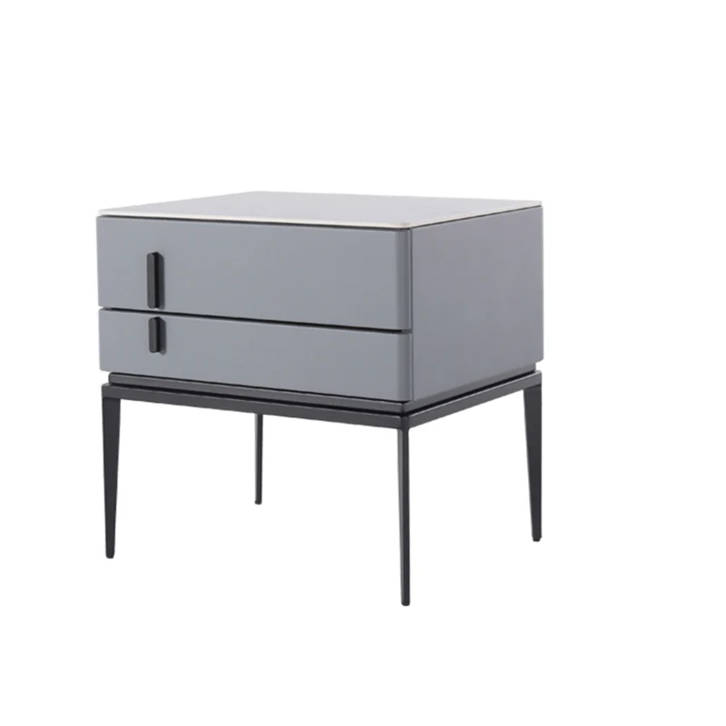 Modern Minimalist Gray Faux Leather 2-Drawer Storage Nightstand - Iron Leg Bedside Table For Bedroom