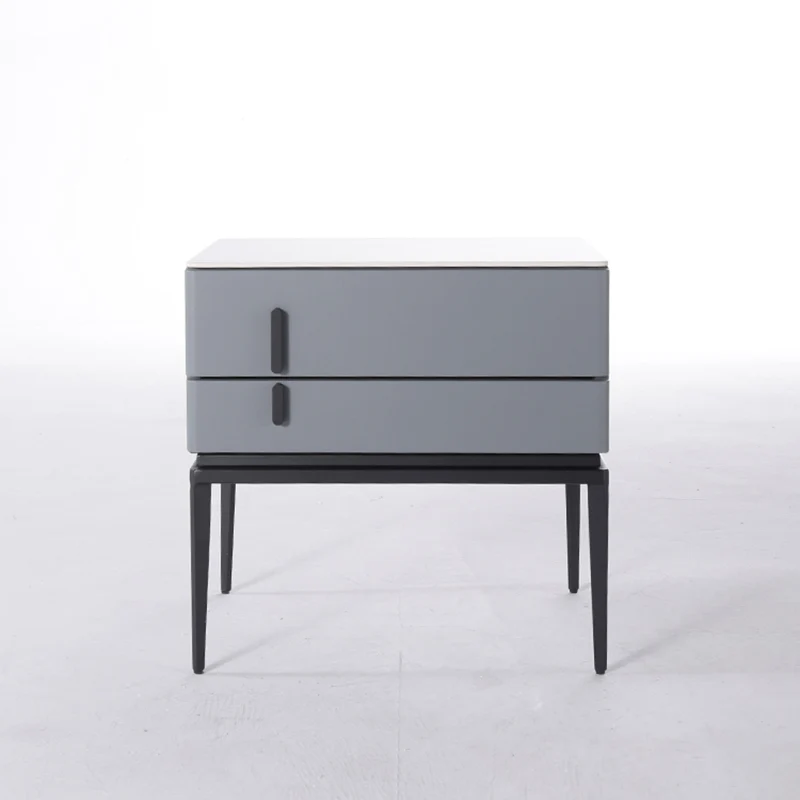 Modern Minimalist Gray Faux Leather 2-Drawer Storage Nightstand - Iron Leg Bedside Table For Bedroom