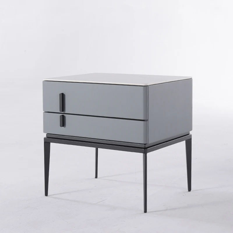 Modern Minimalist Gray Faux Leather 2-Drawer Storage Nightstand - Iron Leg Bedside Table For Bedroom
