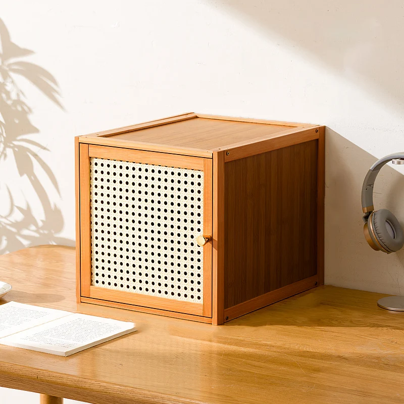 Traditional Japanese Square Rectangular Nan Bamboo MDF Plastic Rattan Weaving Stackable Nightstand 1/2-Cabinet For Bedroom
