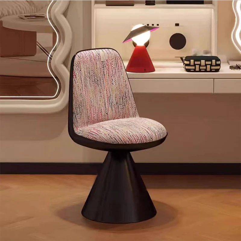 Contemporary Nordic Round Linen Cat Scratch Leather Plywood Iron Swivel Vanity Stool Backrest Armless For Bedroom